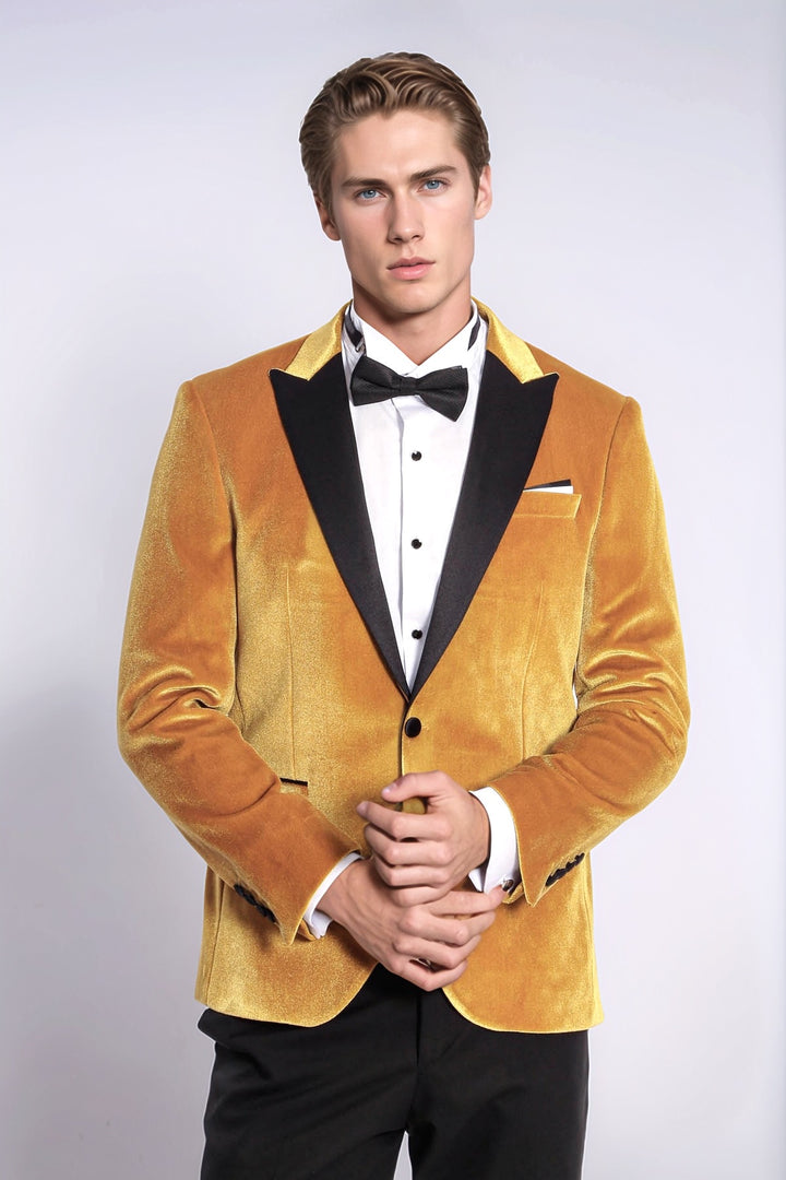 Combinación de blazer y pantalón de fiesta de terciopelo slim fit amarillo para hombre - Wessi