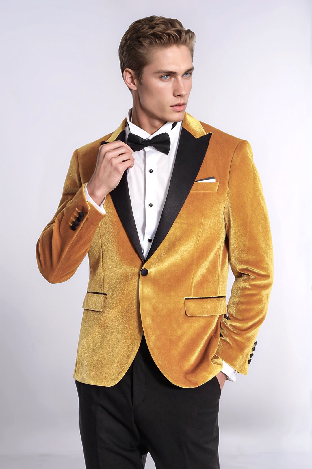 Combinación de blazer y pantalón de fiesta de terciopelo slim fit amarillo para hombre - Wessi