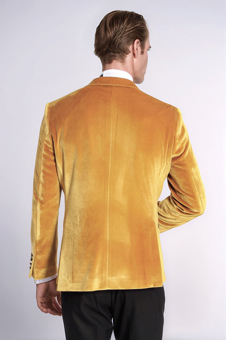 Combinación de blazer y pantalón de fiesta de terciopelo slim fit amarillo para hombre - Wessi