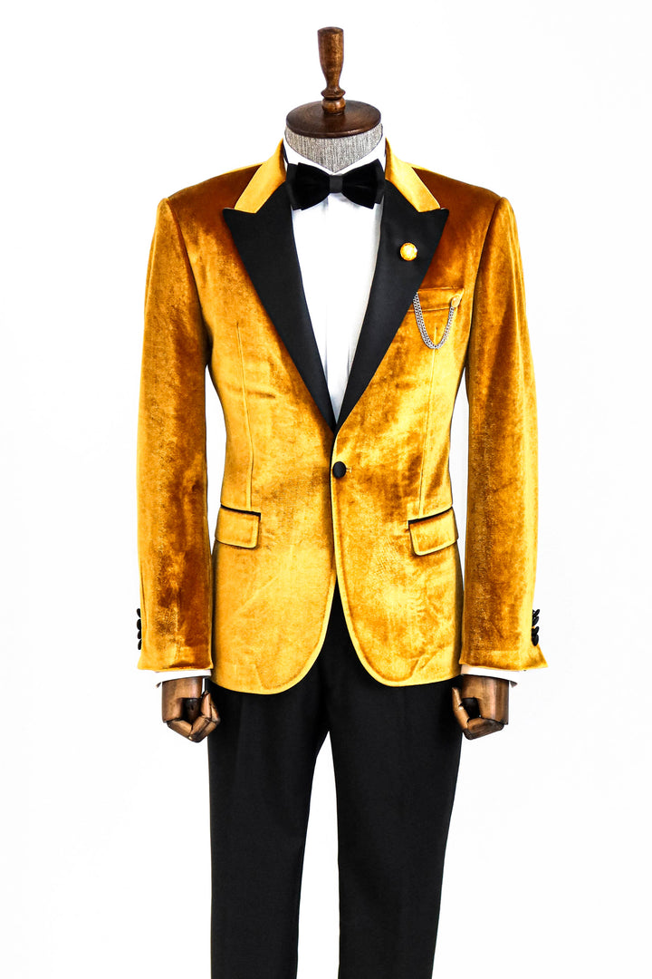 Combinación de blazer y pantalón de fiesta de terciopelo slim fit amarillo para hombre - Wessi