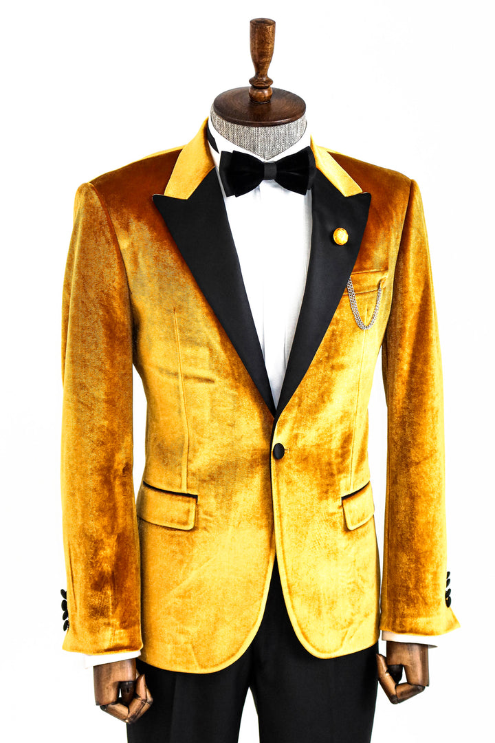 Combinación de blazer y pantalón de fiesta de terciopelo slim fit amarillo para hombre - Wessi