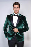 Blazer de fiesta de hombre verde oscuro de terciopelo con solapa de pico y corte entallado