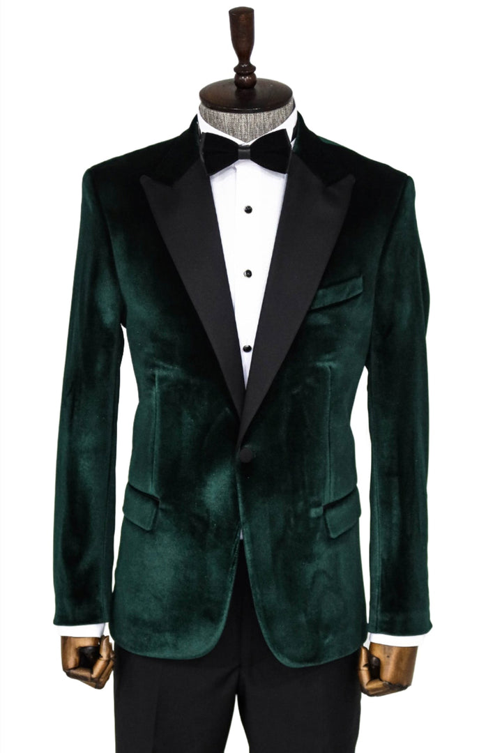 Blazer de fiesta de hombre verde oscuro de terciopelo con solapa de pico y corte entallado