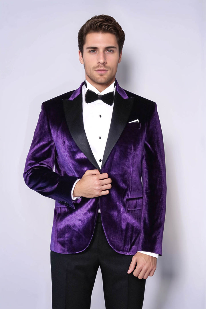 Blazer de fiesta de hombre morado con un solo botón y corte entallado de terciopelo