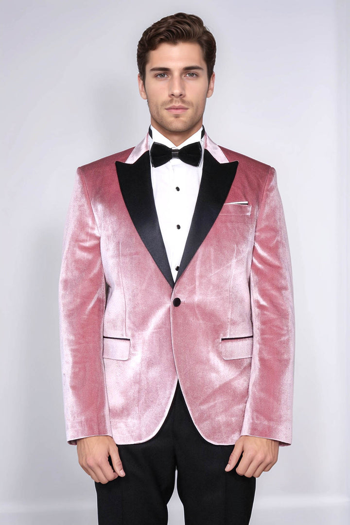 Blazer da ballo da uomo rosa in velluto con risvolto a punta slim fit