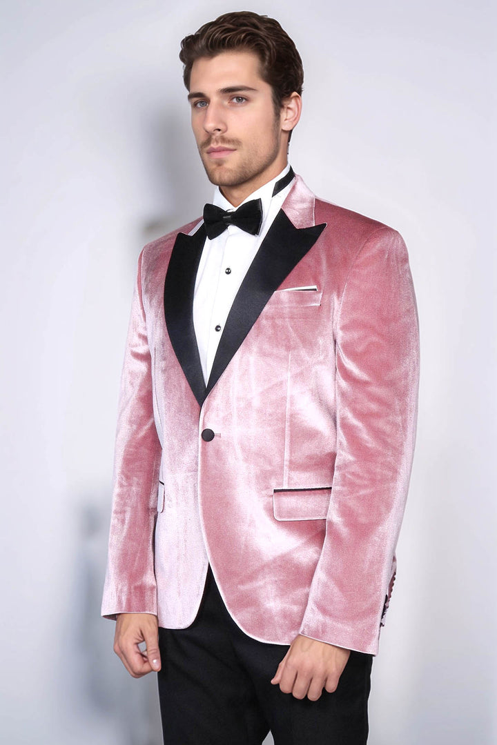 Blazer da ballo da uomo rosa in velluto con risvolto a punta slim fit