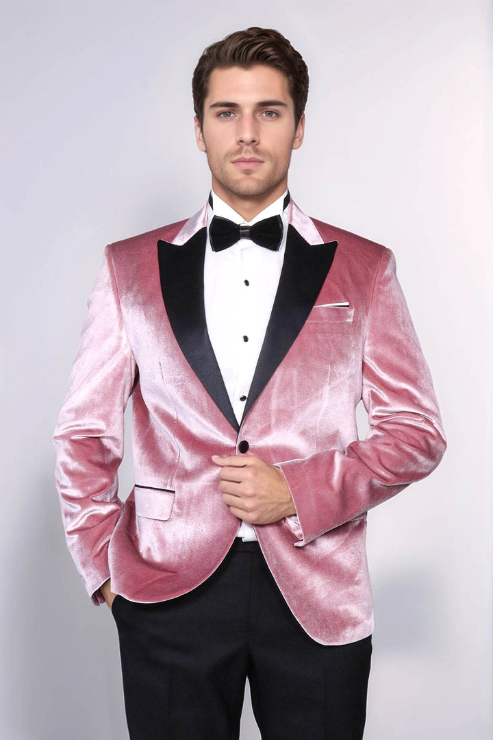 Blazer da ballo da uomo rosa in velluto con risvolto a punta slim fit