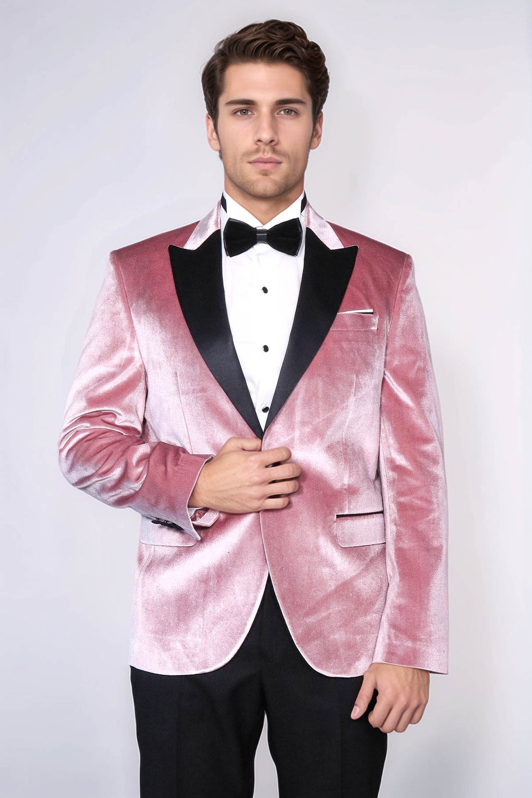 Blazer da ballo da uomo rosa in velluto con risvolto a punta slim fit