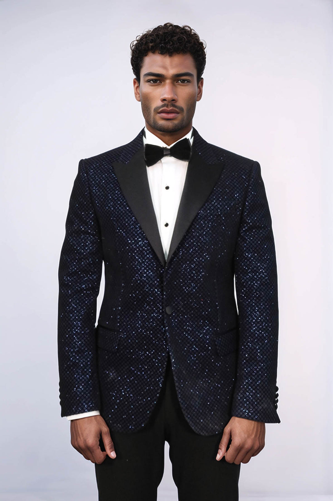 Black Patterned Over Navy Blue Men Prom Blazer and Trousers Combination Suit- Wessi