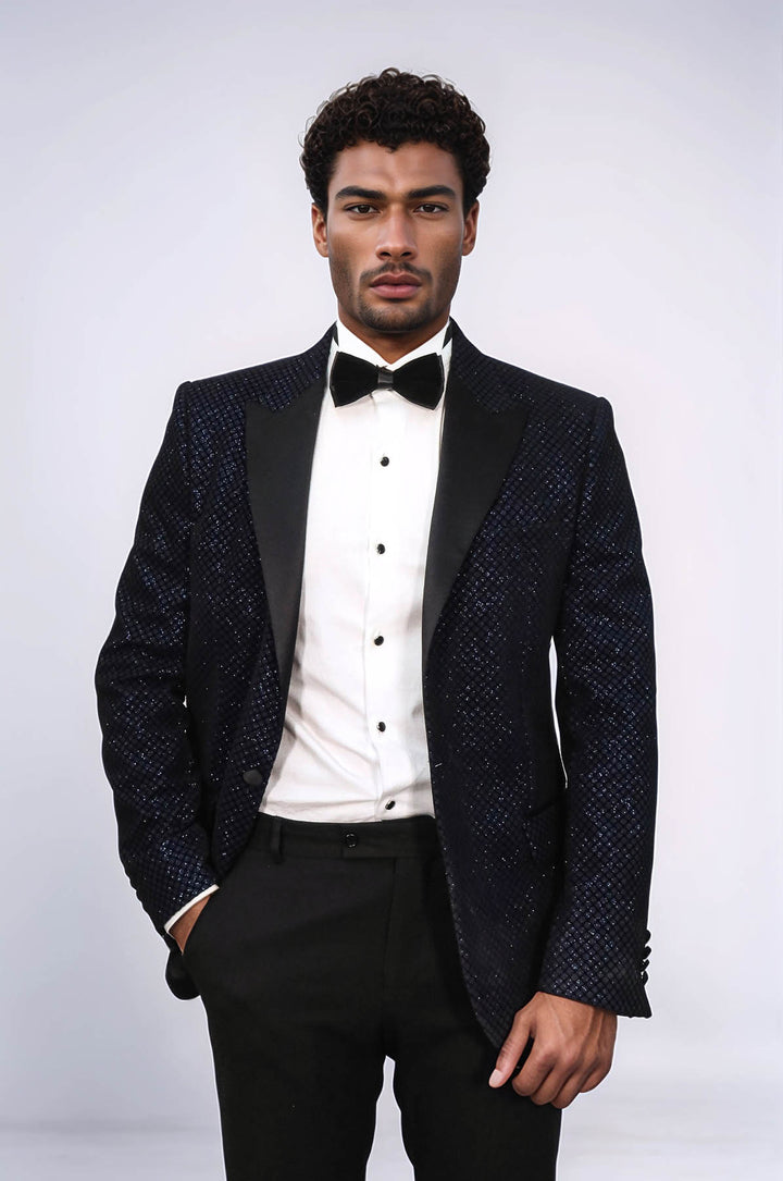 Black Patterned Over Navy Blue Men Prom Blazer and Trousers Combination Suit- Wessi