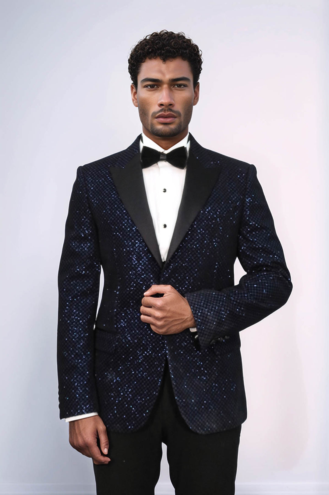 Black Patterned Over Navy Blue Men Prom Blazer and Trousers Combination Suit- Wessi