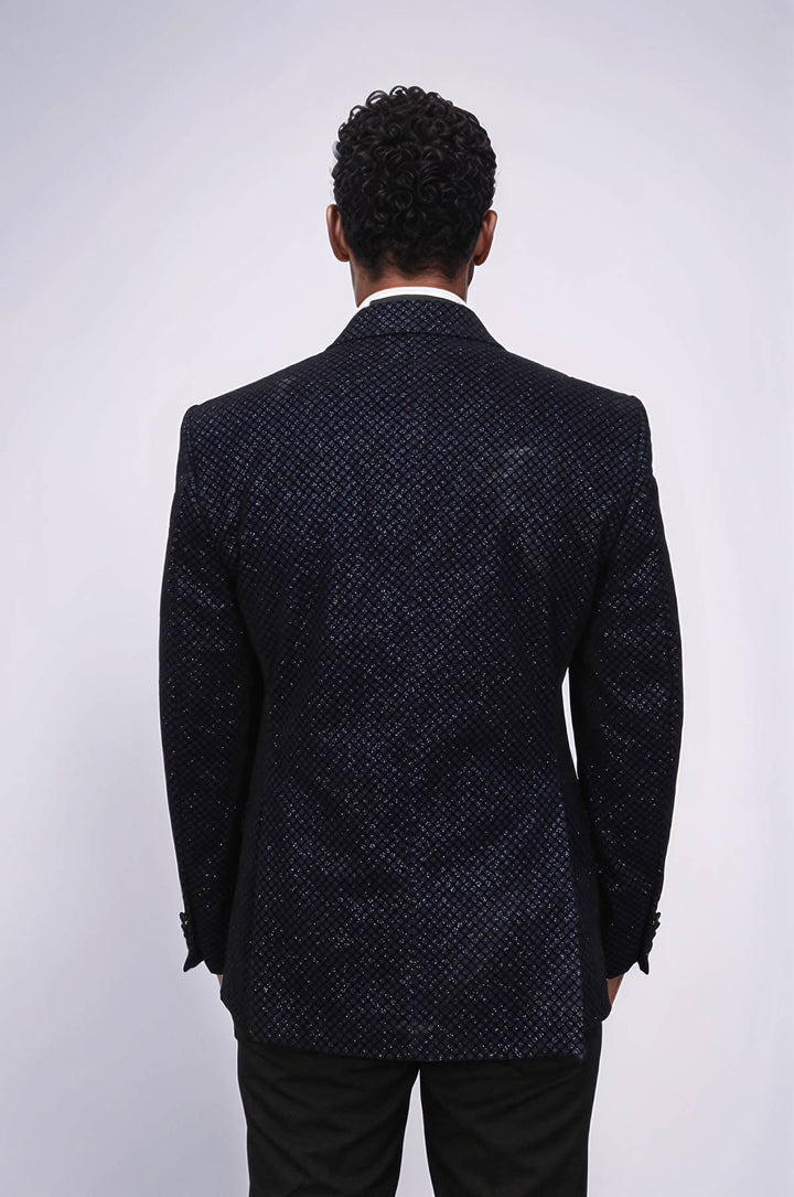 Black Patterned Over Navy Blue Men Prom Blazer and Trousers Combination Suit- Wessi