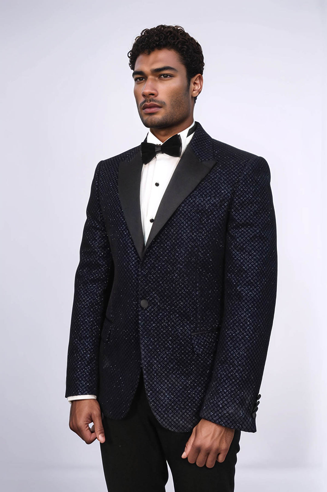 Black Patterned Over Navy Blue Men Prom Blazer and Trousers Combination Suit- Wessi