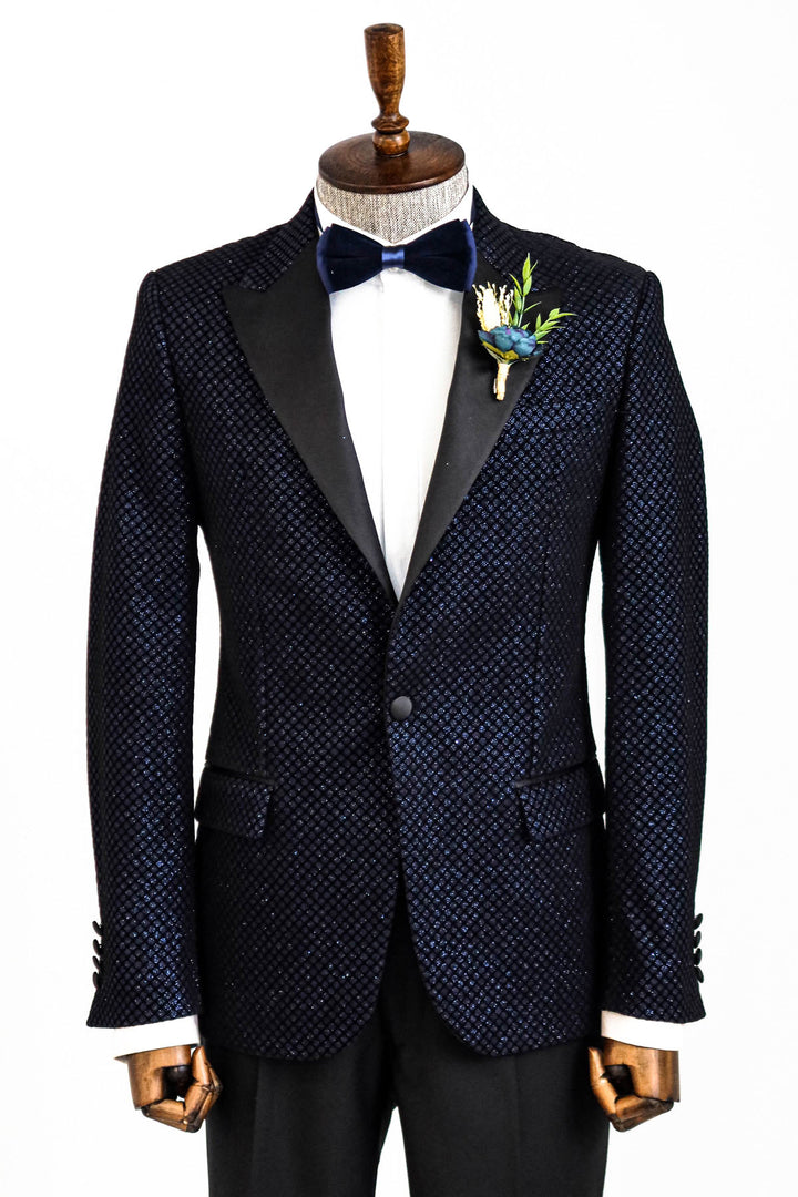 Black Patterned Over Navy Blue Men Prom Blazer and Trousers Combination- Wessi