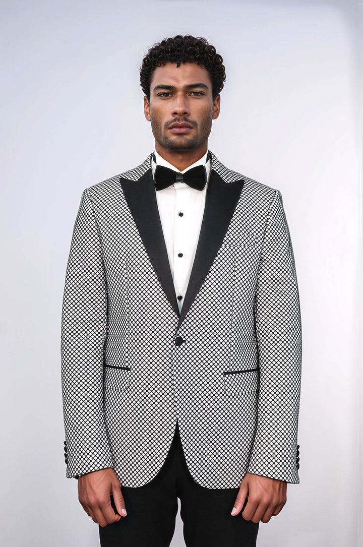 Black Patterned Over White Men Party Blazer - Wessi