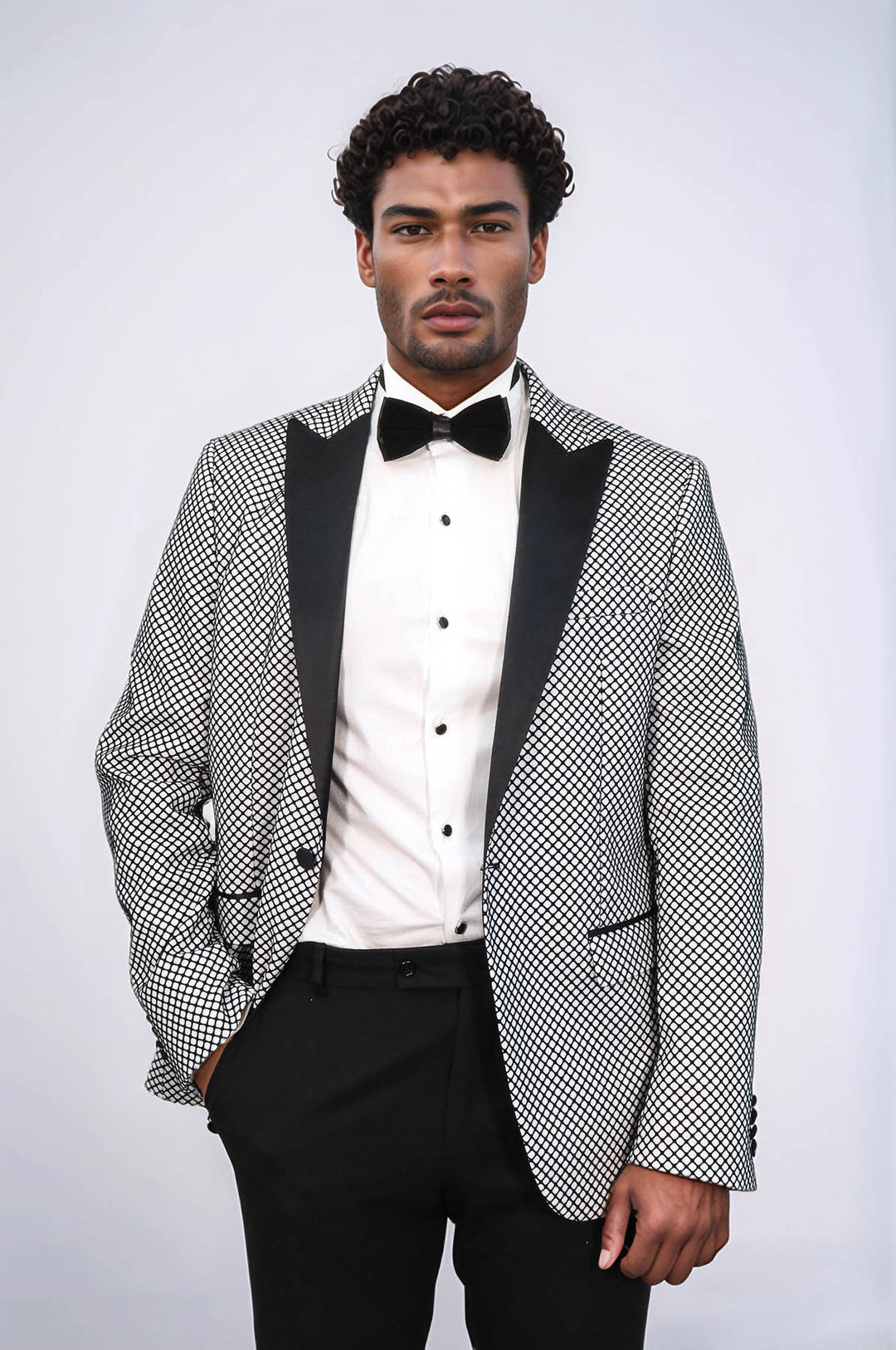 Black Patterned Over White Men Party Blazer - Wessi