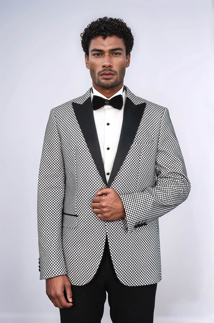 Black Patterned Over White Men Party Blazer - Wessi