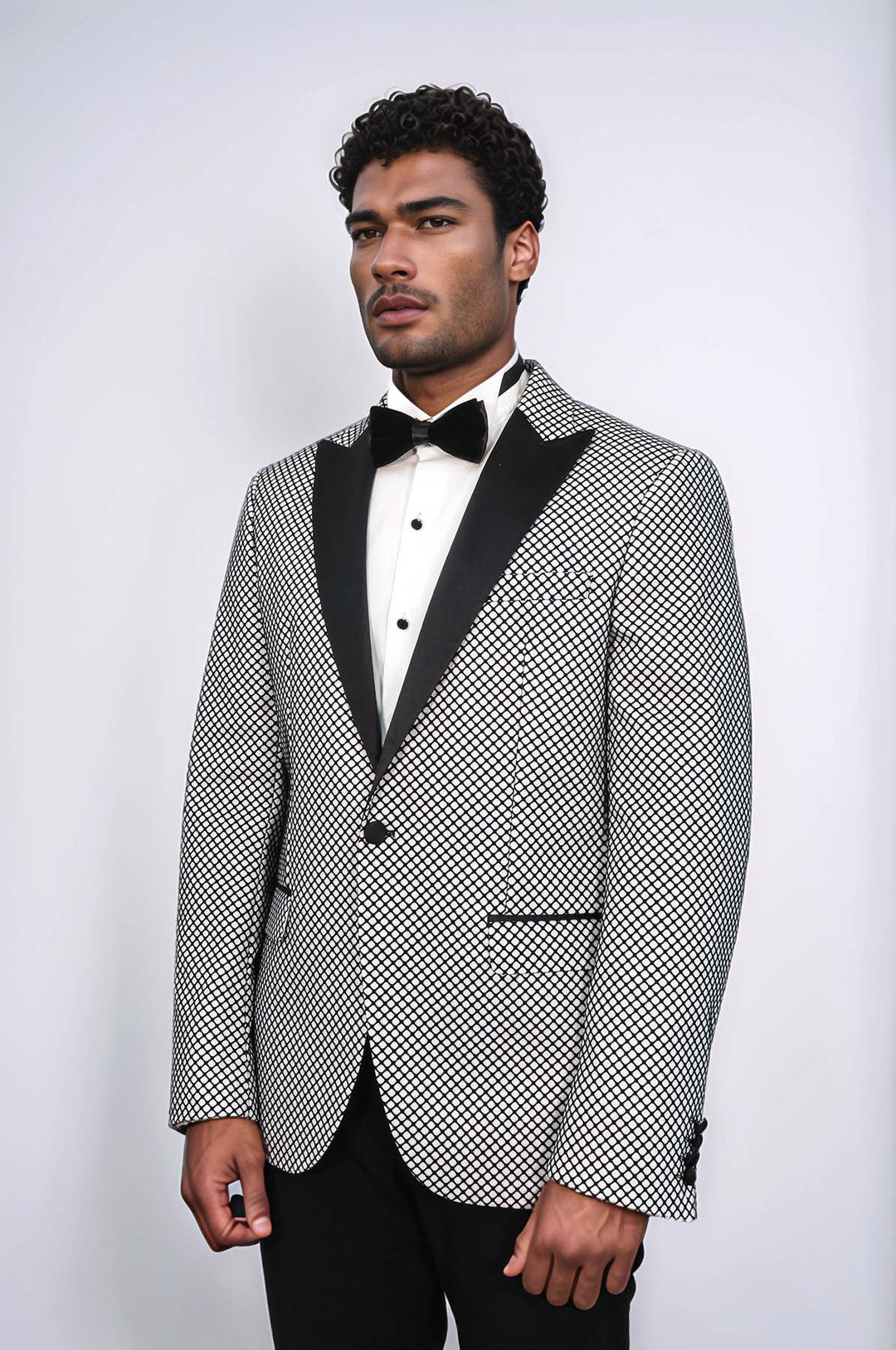 Black Patterned Over White Men Party Blazer - Wessi