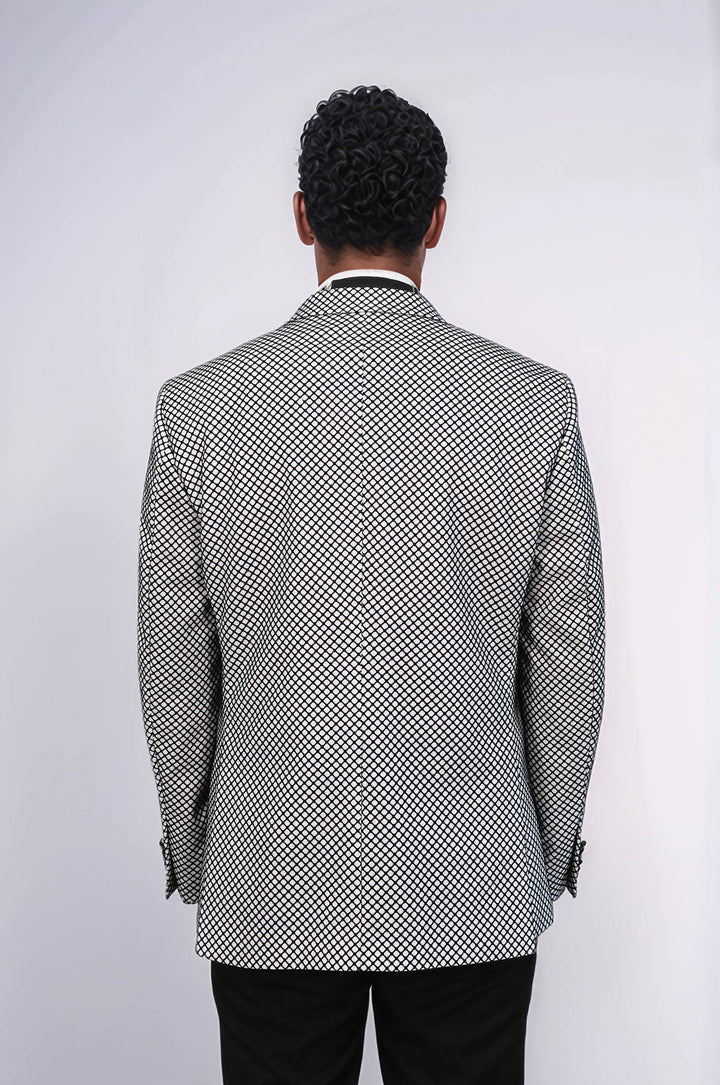 Black Patterned Over White Men Party Blazer - Wessi