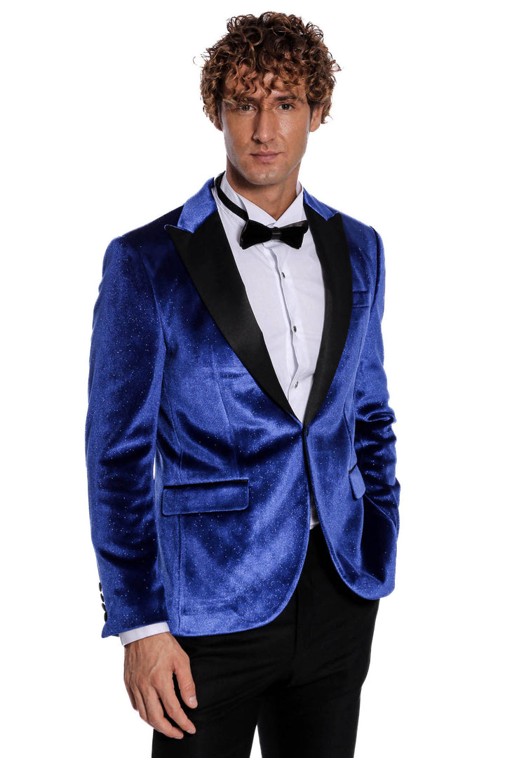 Sparkle Slim Fit Velvet Bast Blue Men Prom Blazer - Wessi