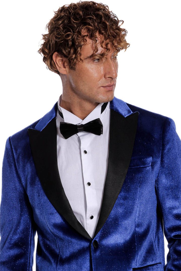 Sparkle Slim Fit Velvet Bast Blue Men Prom Blazer - Wessi