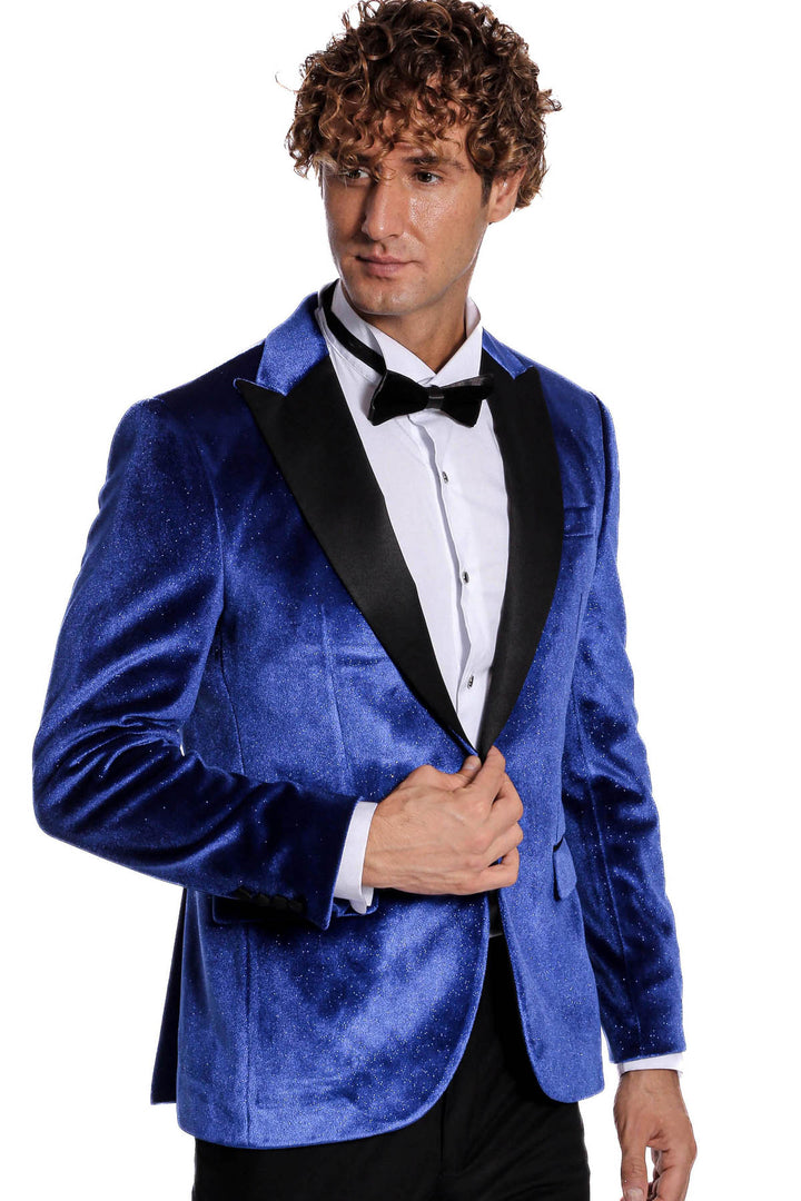 Sparkle Slim Fit Velvet Bast Blue Men Prom Blazer - Wessi