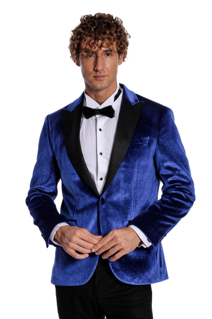 Sparkle Slim Fit Velvet Bast Blue Men Prom Blazer - Wessi