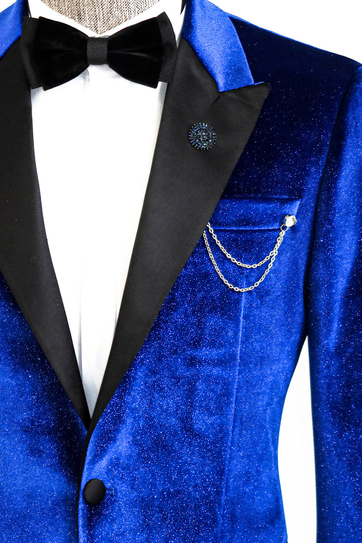 Sparkle Slim Fit Velvet Bast Blue Men Prom Blazer - Wessi