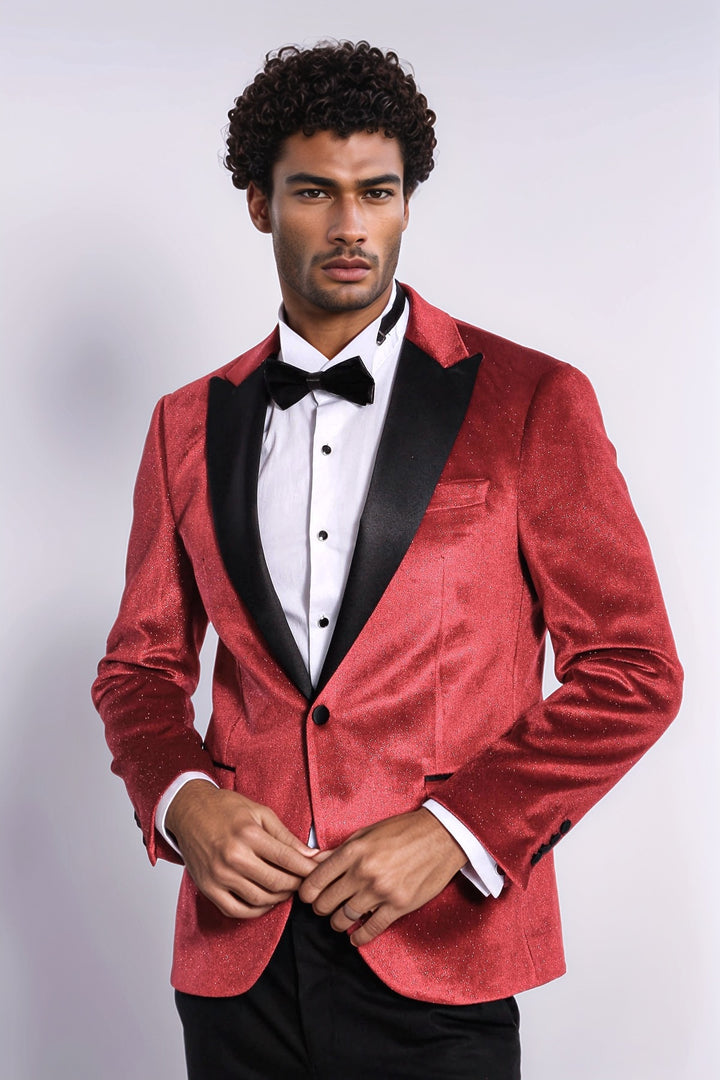 Sparkle Slim Fit Velvet Red Men Singer Tuxedo  Blazer - Wessi