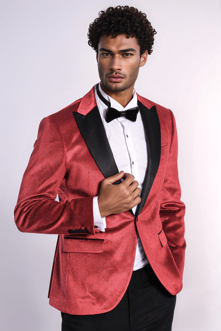 Sparkle Slim Fit Velvet Red Men Singer Tuxedo  Blazer - Wessi