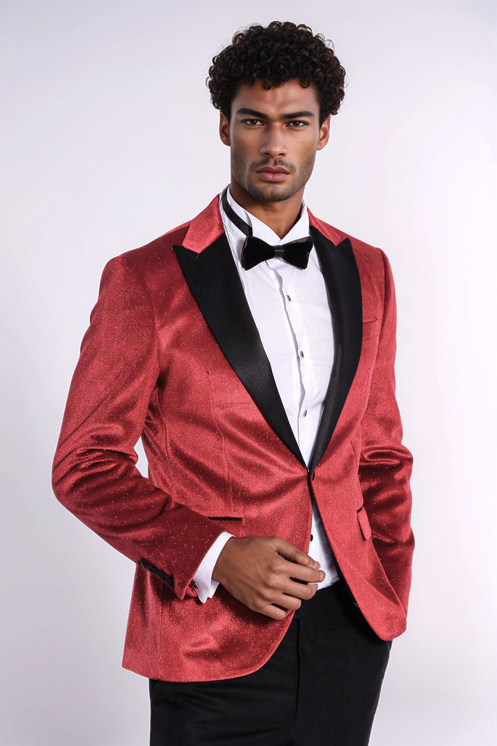 Sparkle Slim Fit Velvet Red Men Singer Tuxedo  Blazer - Wessi