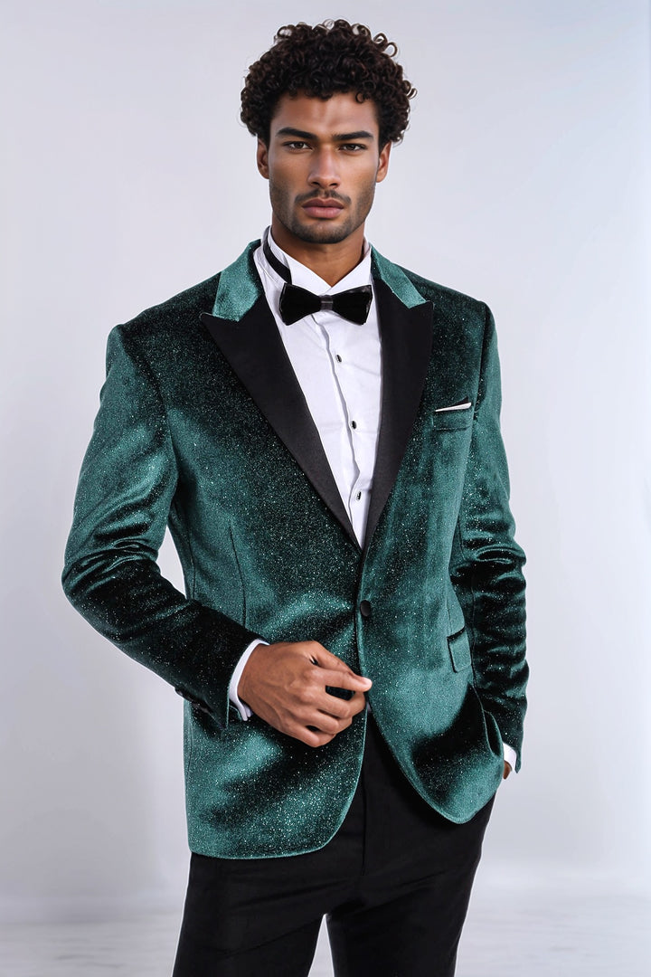 Sparkle Slim Fit Velvet Green Men Party Tuxedo Blazer - Wessi