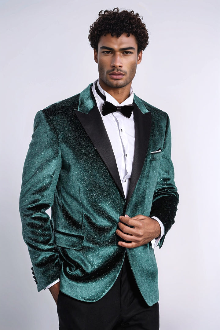 Sparkle Slim Fit Velvet Green Men Party Tuxedo Blazer - Wessi