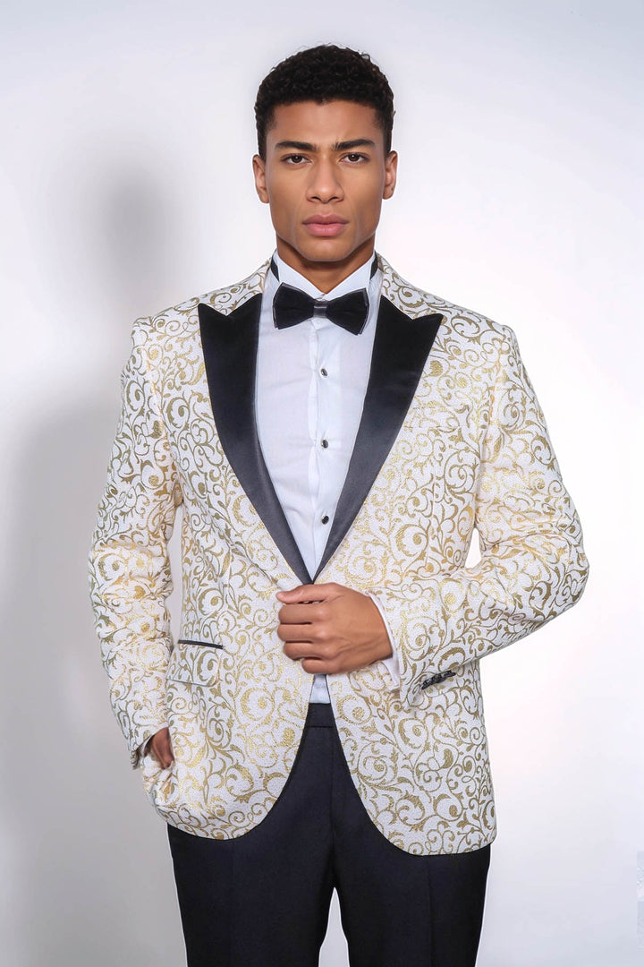 Blazer de graduación para hombre con estampado de volutas doradas sobre blanco - Wessi