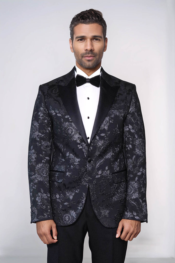 Blazer de bal noir à revers en pointe brillant à motifs floraux pour hommes - Wessi