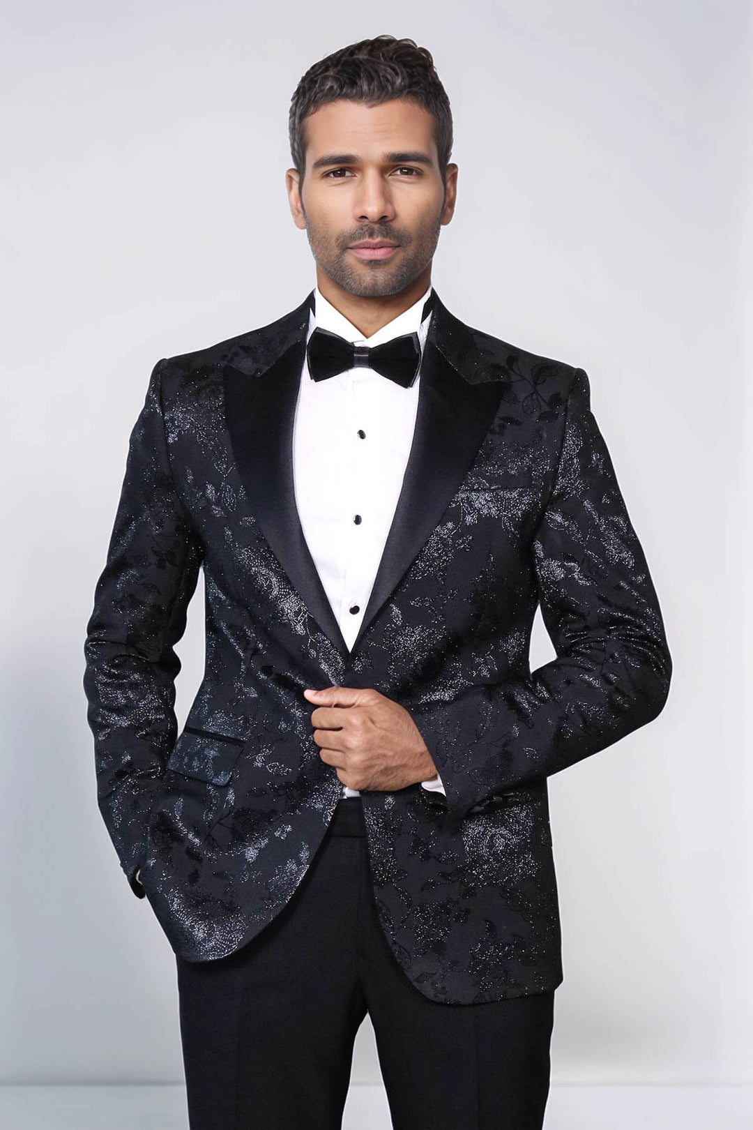 Blazer de bal noir à revers en pointe brillant à motifs floraux pour hommes - Wessi