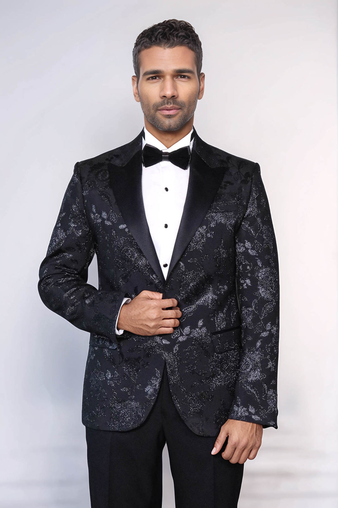 Blazer de bal noir à revers en pointe brillant à motifs floraux pour hommes - Wessi