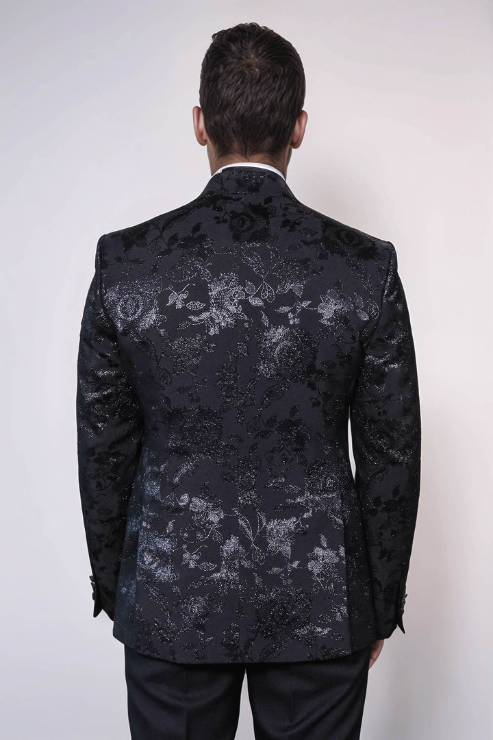 Blazer de bal noir à revers en pointe brillant à motifs floraux pour hommes - Wessi