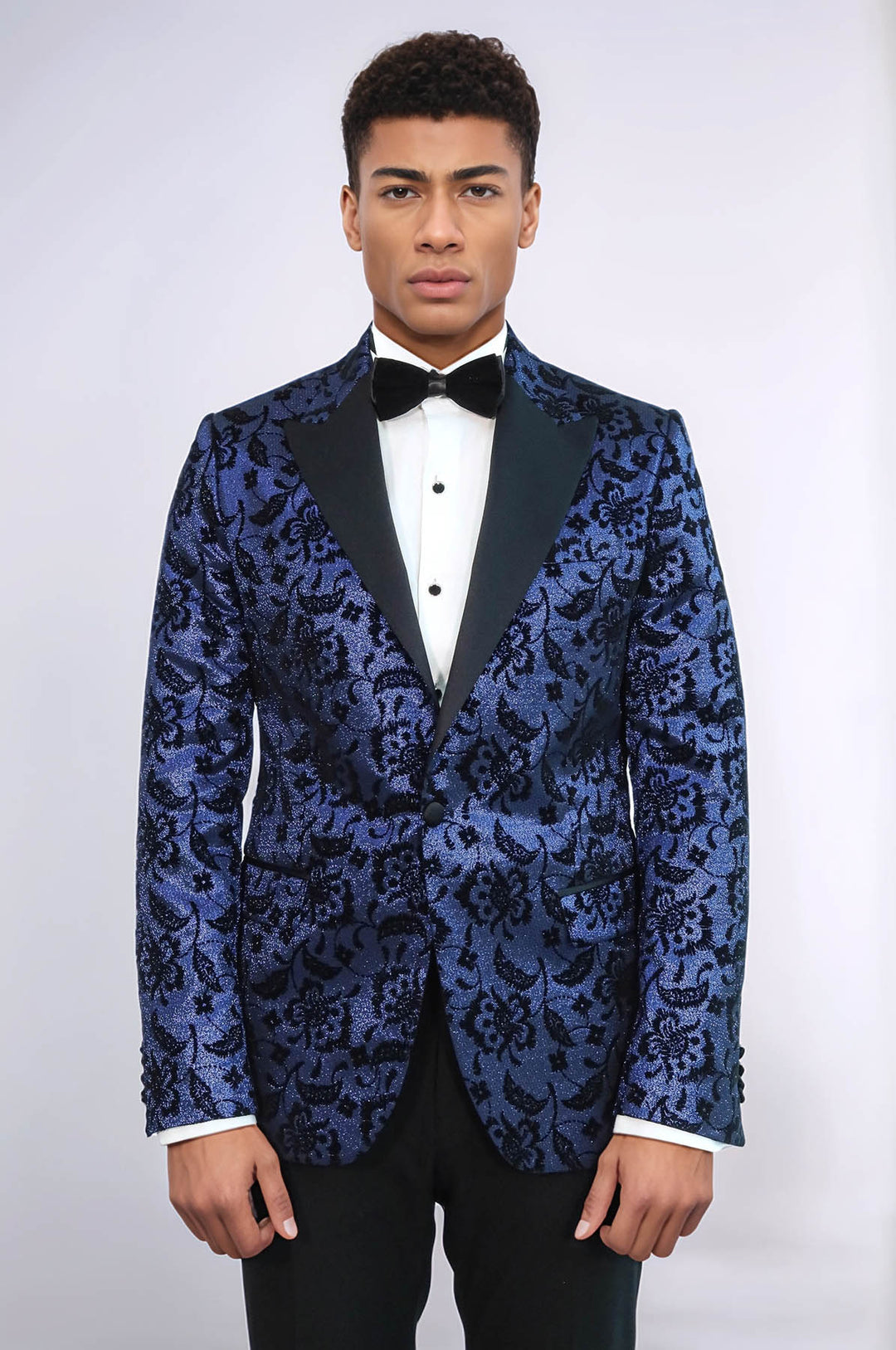 Floral Patterned Peak Lapel Navy Blue Men Stage Singer Jacket - Wessi