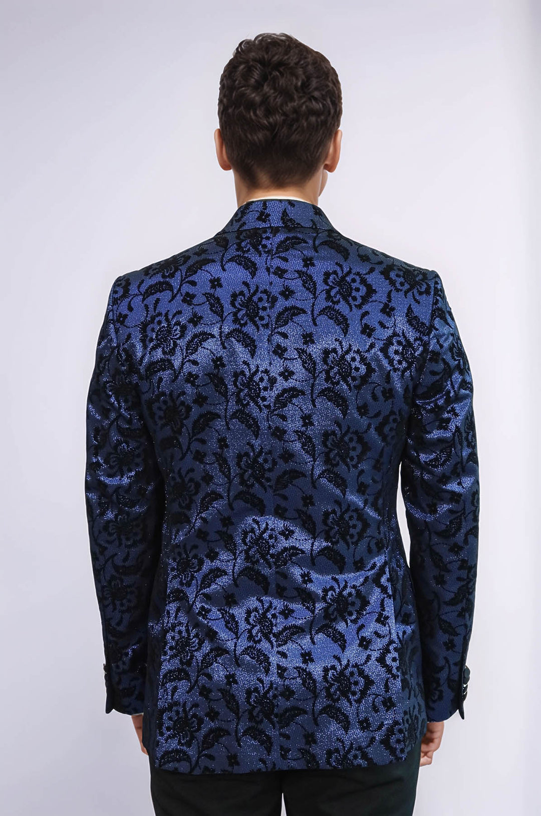 Floral Patterned Peak Lapel Navy Blue Men Stage Singer Jacket - Wessi