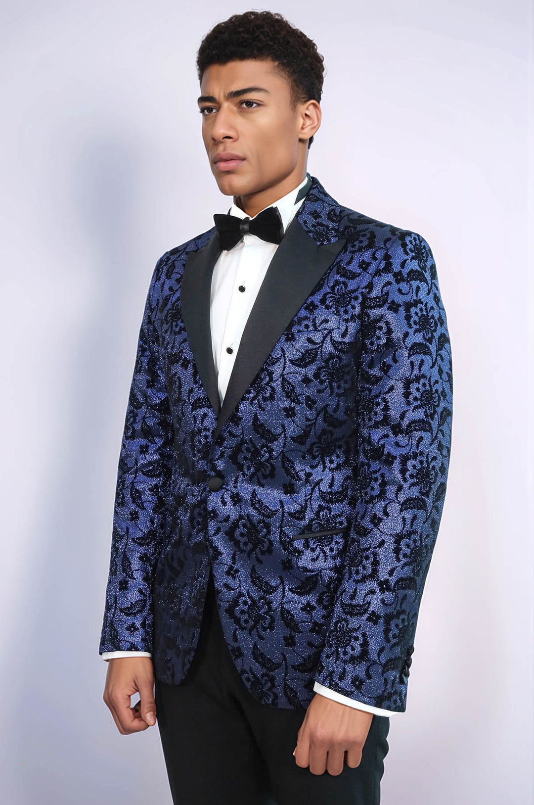 Floral Patterned Peak Lapel Navy Blue Men Stage Singer Jacket - Wessi