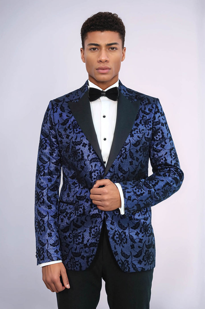 Floral Patterned Peak Lapel Navy Blue Men Stage Singer Jacket - Wessi