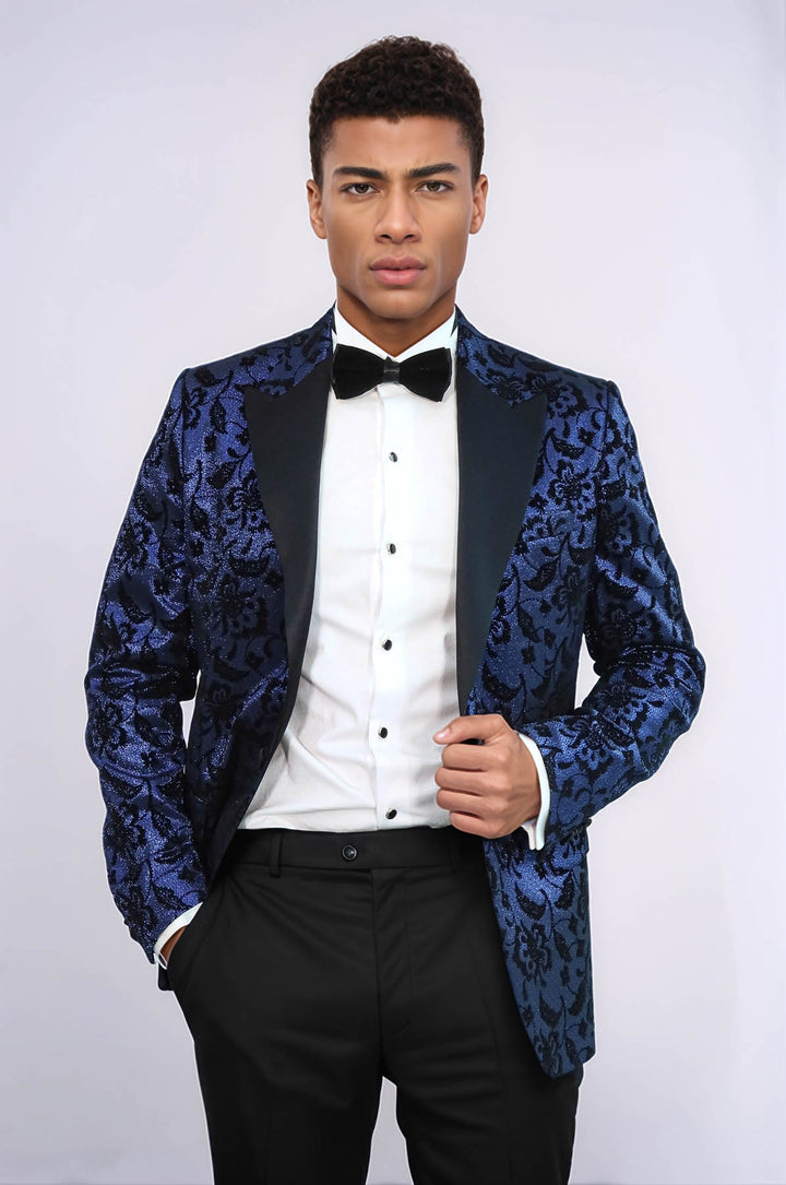 Floral Patterned Peak Lapel Navy Blue Men Stage Singer Jacket - Wessi