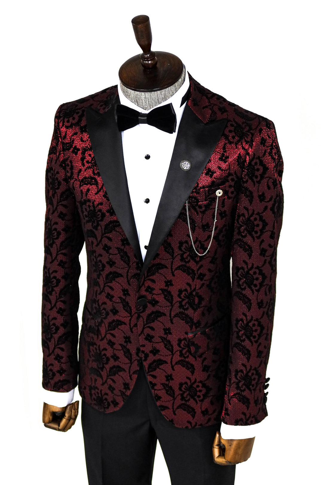 Blazer de graduación para hombre con estampado floral y solapa de pico en color burdeos - Wessi