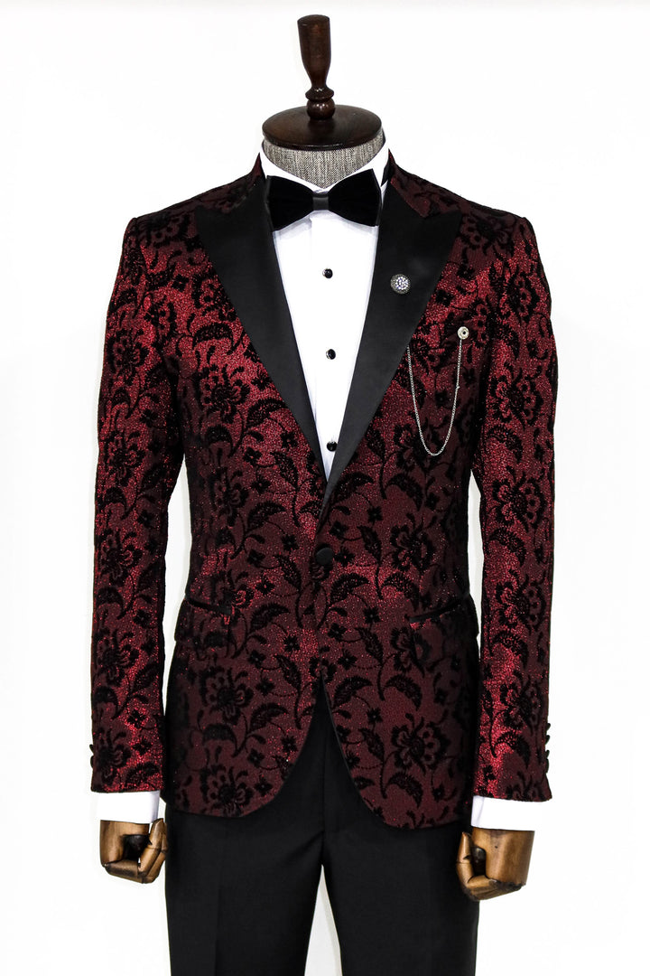 Blazer de graduación para hombre con estampado floral y solapa de pico en color burdeos - Wessi