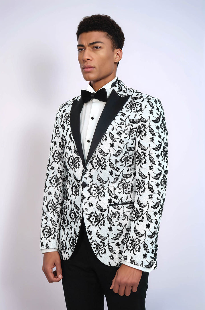 Floral Patterned Peak Lapel White Men  Wedding Tuxedo Blazer - Wessi