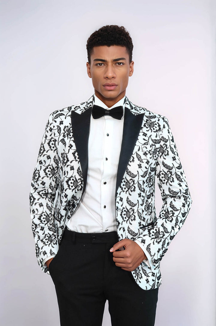 Floral Patterned Peak Lapel White Men  Wedding Tuxedo Blazer - Wessi