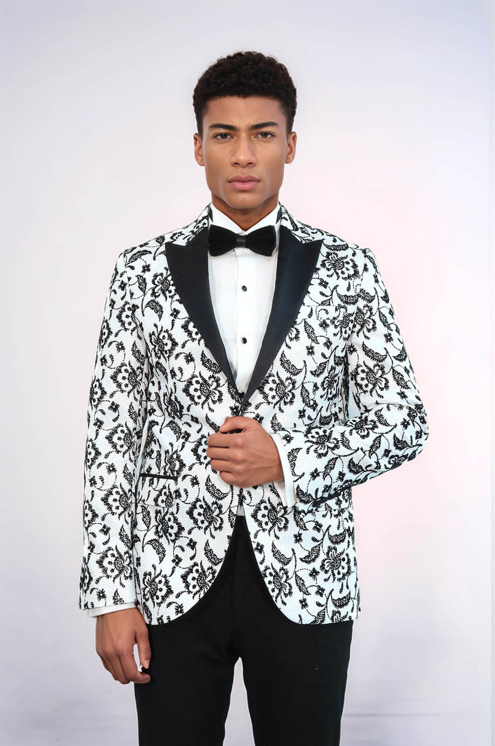 Floral Patterned Peak Lapel White Men Prom Blazer and Trousers Combination Suit- Wessi