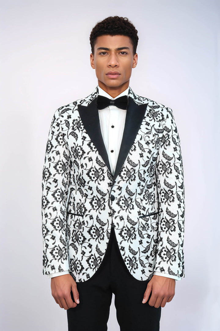 Floral Patterned Peak Lapel White Men Prom Blazer and Trousers Combination Suit- Wessi