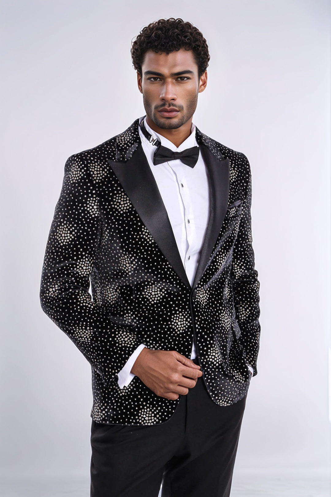 Slim Fit Dot Patterned Black Men Prom Blazer and Trousers Combination Suit- Wessi